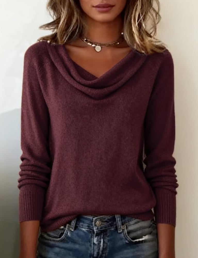 Larkspur white cowl neck long sleeve sweater, side view