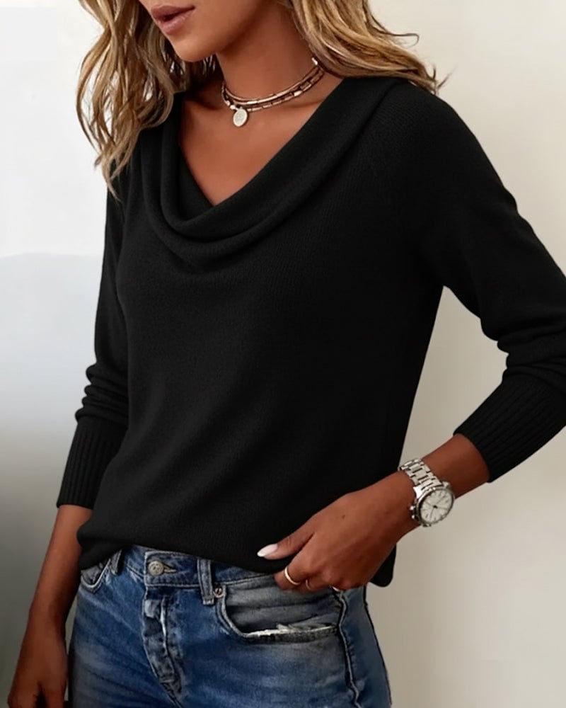 Larkspur white cowl neck long sleeve sweater, side view