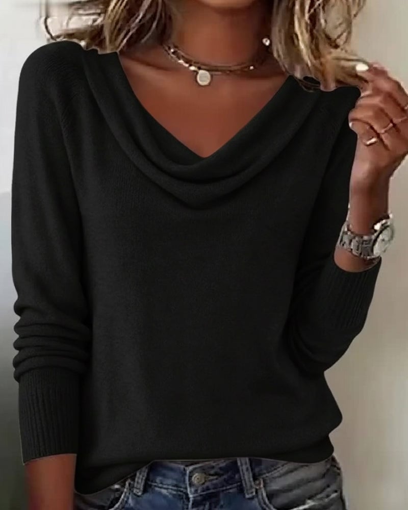 Larkspur white cowl neck long sleeve sweater, side view