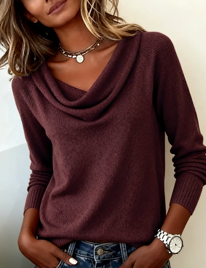 Larkspur burgundy cowl neck long sleeve sweater, front view close-up
