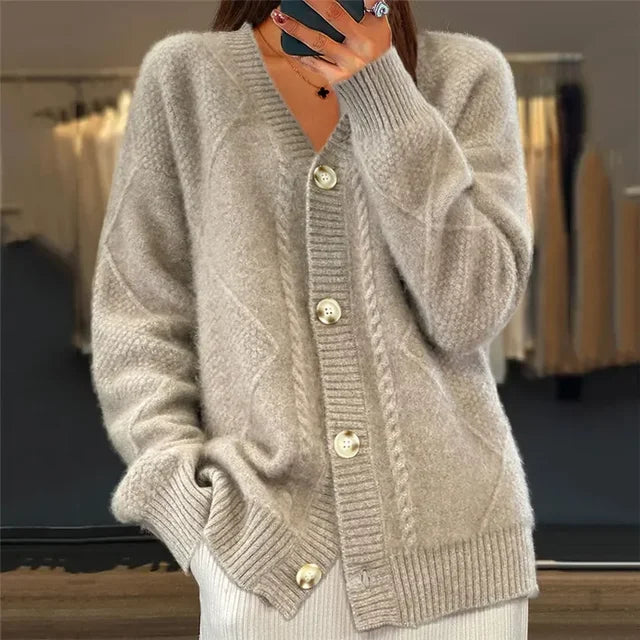 Lena cable knit button front cardigan in taupe, front view