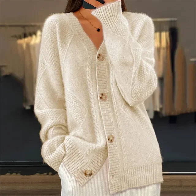 Lena cable knit button front cardigan in cream, front view