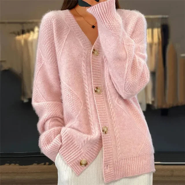 Lena cable knit button front cardigan in pink, front view