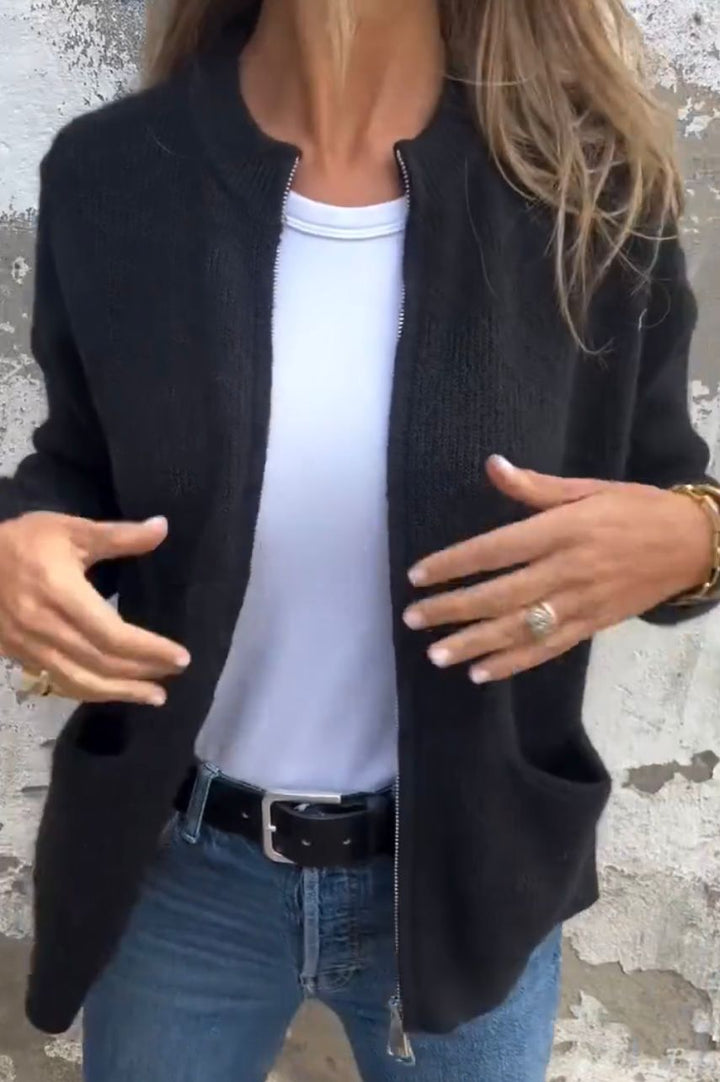 Linda zip-up cardigan in black, front view open