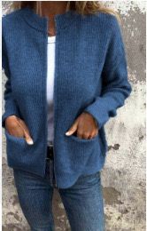 Linda zip-up cardigan in blue, front view