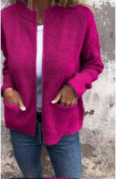 Linda zip-up cardigan in magenta, front view with hands in pockets