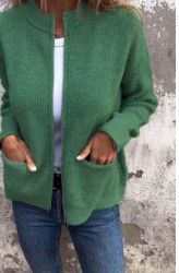 Linda zip-up cardigan in green, front view