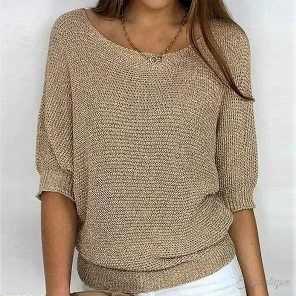 Louisa beige knit sweater with asymmetric neckline, front view