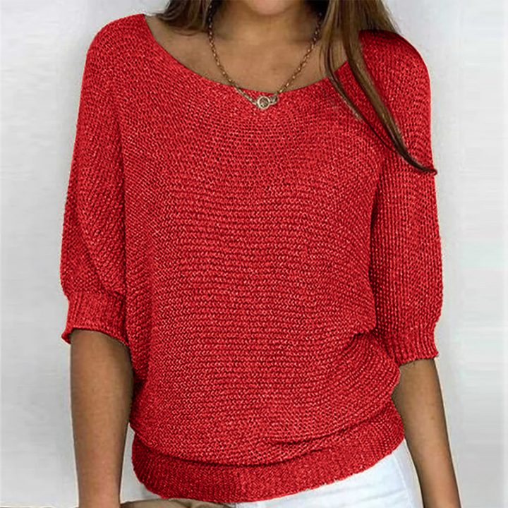 Louisa red knit sweater with batwing sleeves, front view