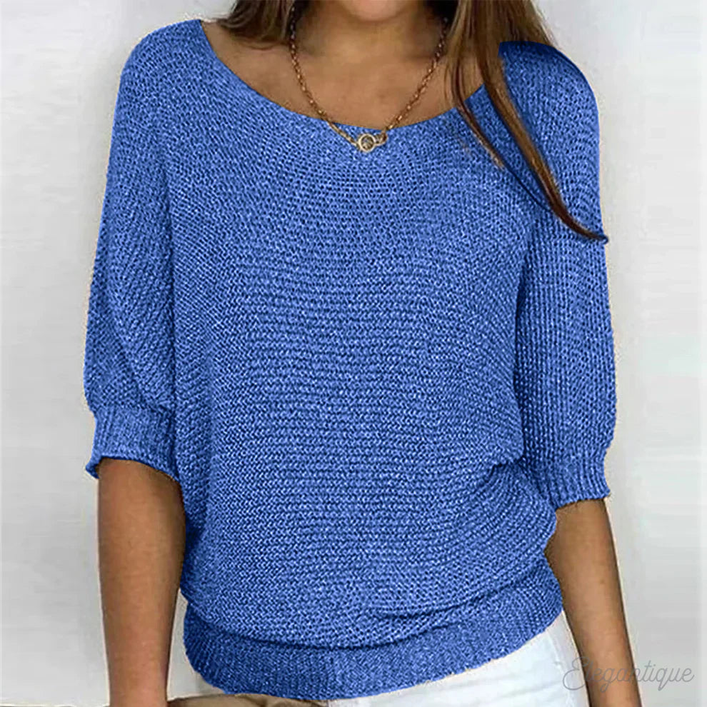 Louisa blue knit sweater with 3/4 sleeves, front view