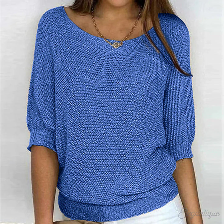Louisa blue knit sweater with 3/4 sleeves, front view