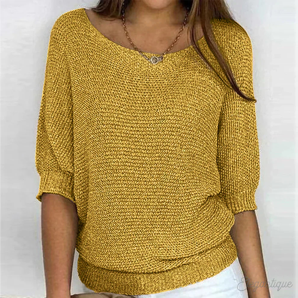 Louisa yellow knit sweater with asymmetric neckline, front view