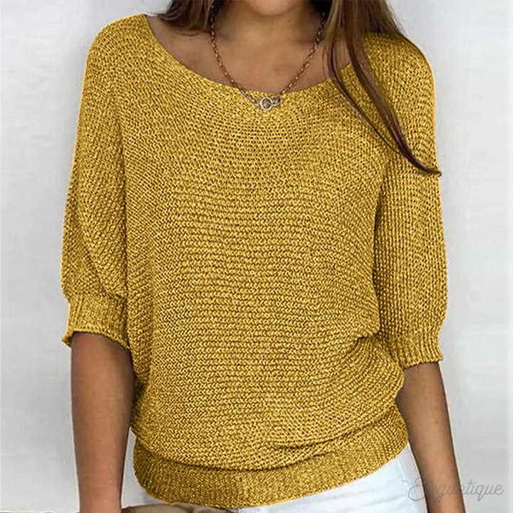 Louisa yellow knit sweater with asymmetric neckline, front view
