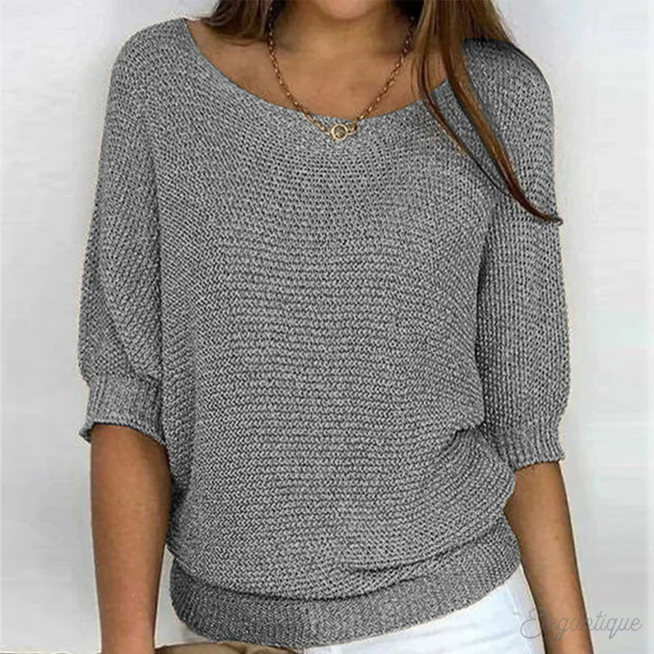 Louisa gray knit sweater with ribbed hem, front view