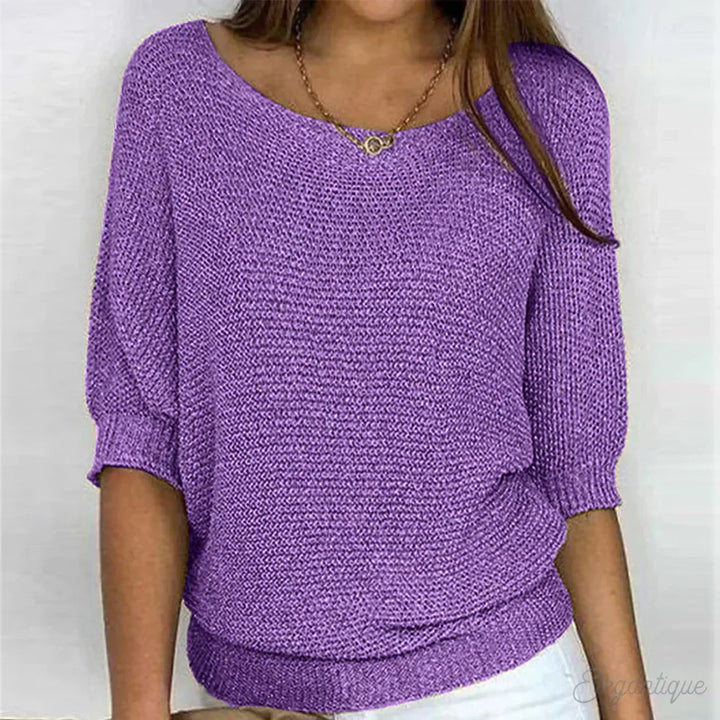 Louisa purple knit sweater with asymmetric neckline, front view