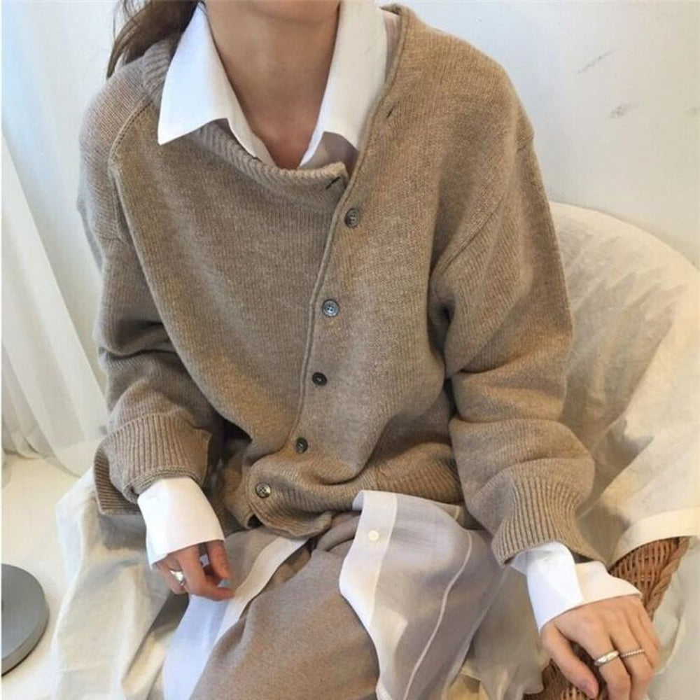Lucille asymmetric button cardigan in taupe, close-up front view