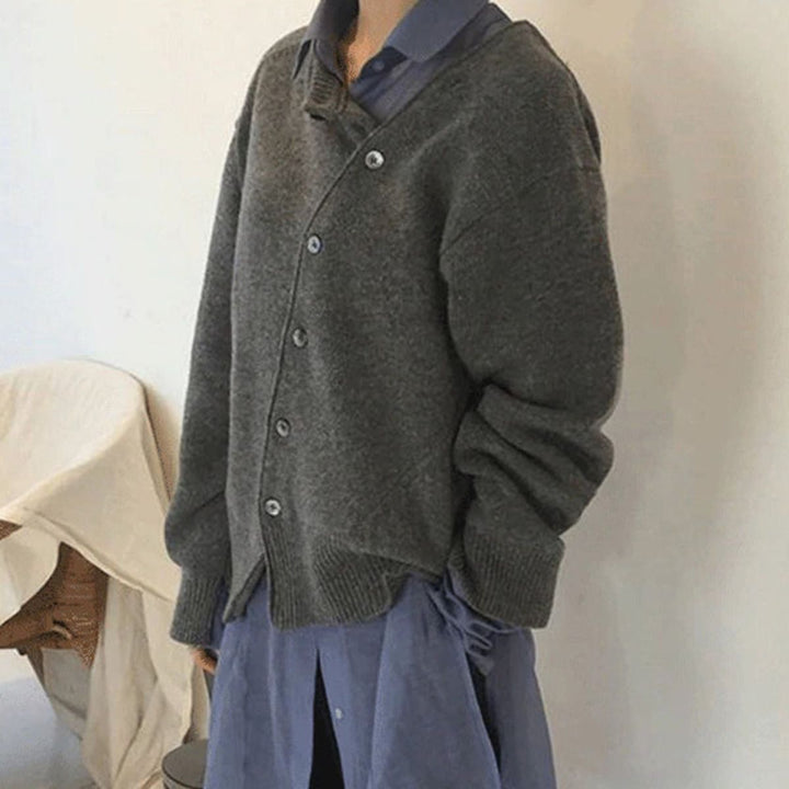 Lucille asymmetric button cardigan in charcoal, side view