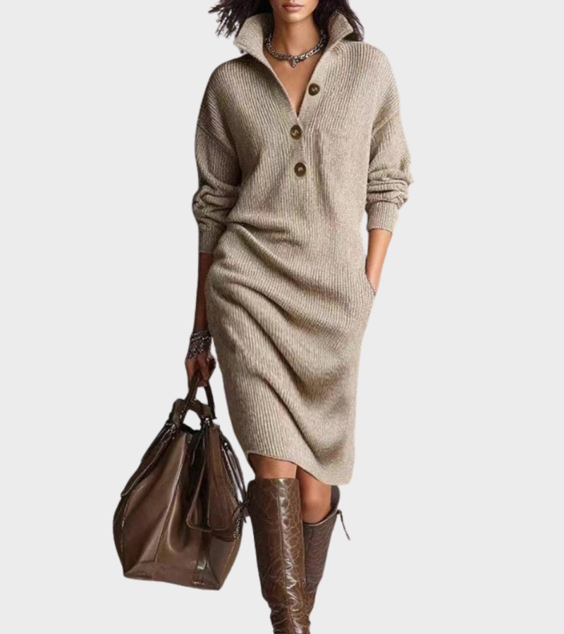 Madalyn cozy knit sweater dress in khaki, front view with button collar and side pockets