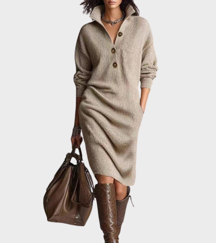 Madalyn cozy knit sweater dress in khaki, front view with button collar and side pockets