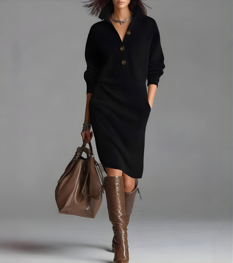 Madalyn button-collar sweater dress in black, long sleeve midi silhouette