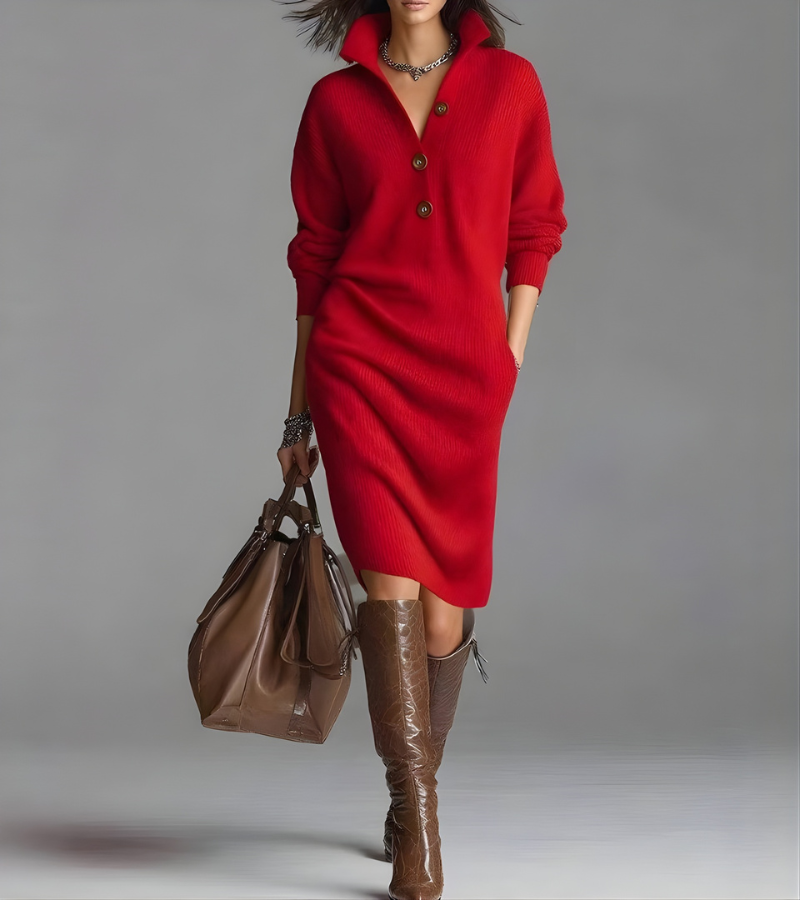 Madalyn sweater dress in red, V-neck button collar detail