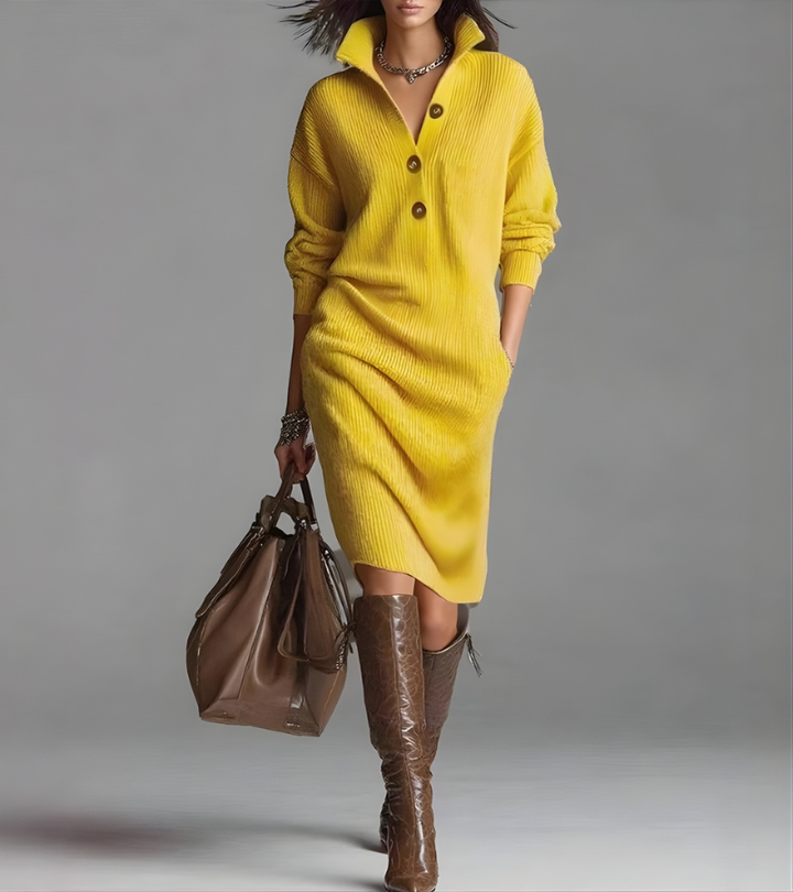 Madalyn sweater dress in yellow, ribbed knit texture close up