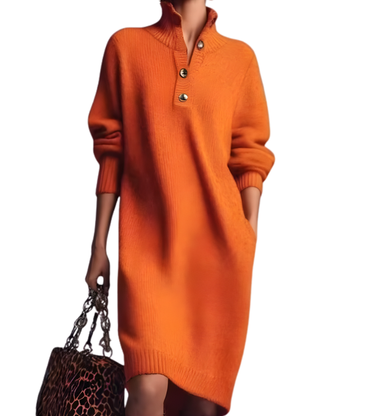 Madalyn sweater dress in orange, cropped front view with button detail