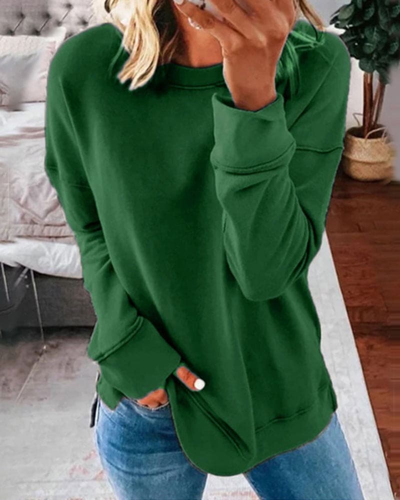 Marcella solid crew neck long sleeve sweatshirt in khaki, front view