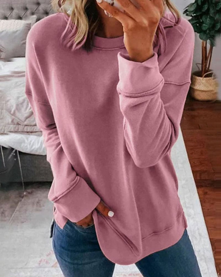 Marcella solid crew neck long sleeve sweatshirt in pink, front view