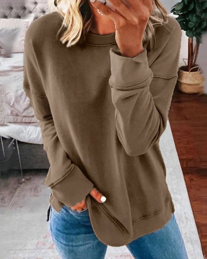 Marcella solid crew neck long sleeve sweatshirt in khaki, front view