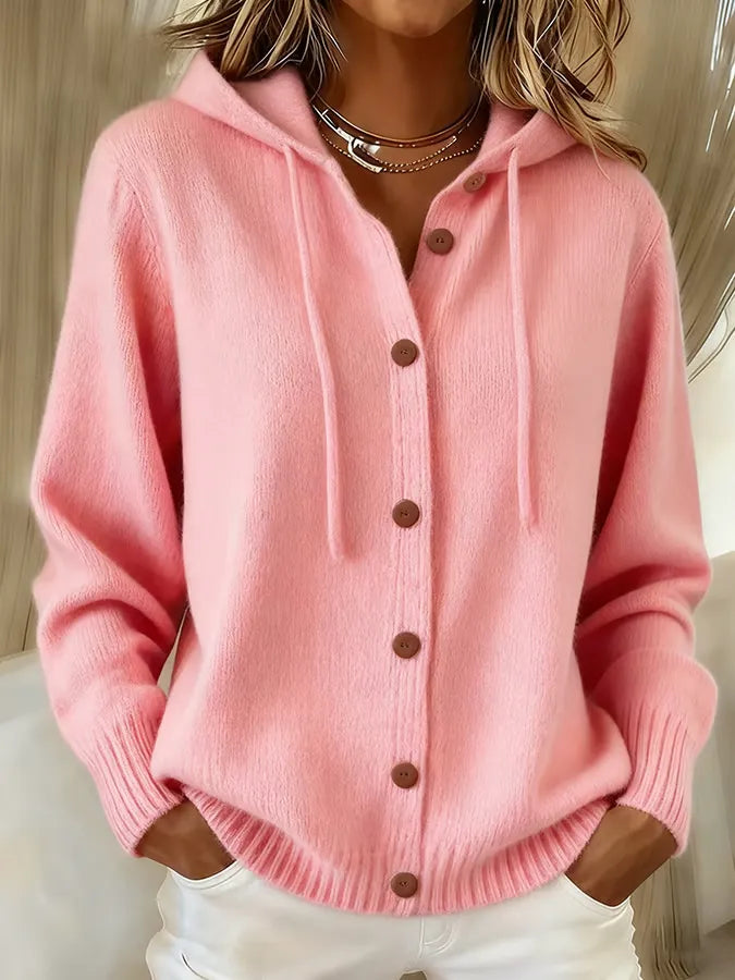 Marcelline pink hooded button-front cardigan, close-up front view