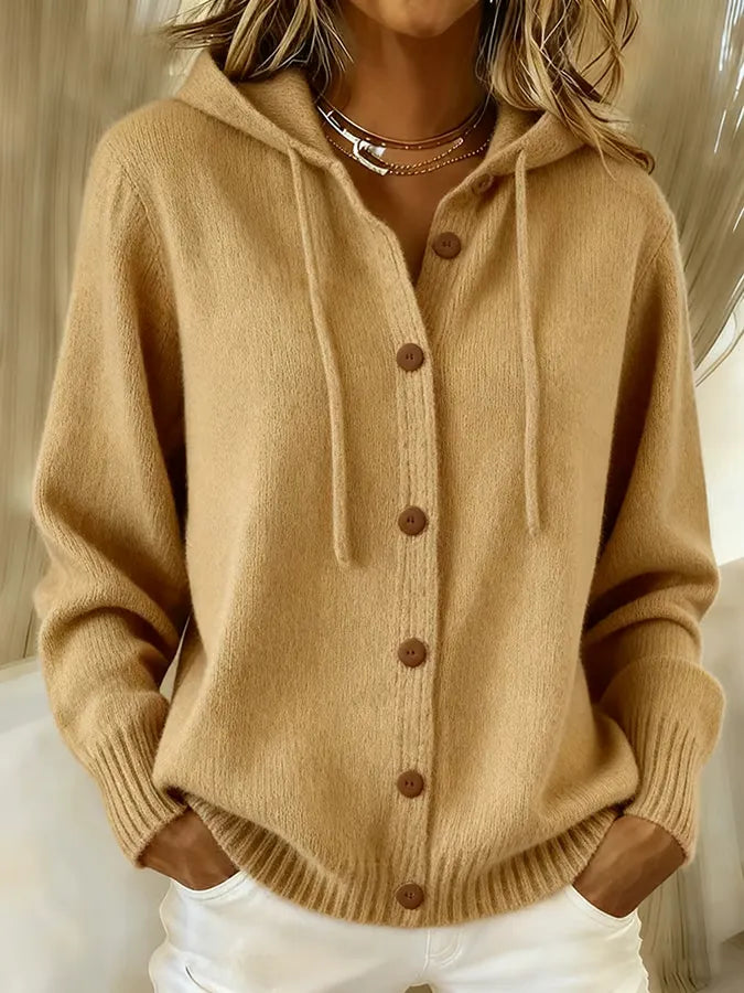 Marcelline khaki hooded button-front cardigan, close-up front view