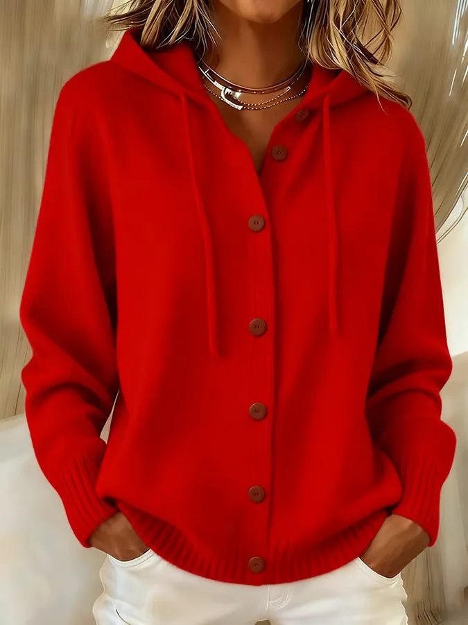 Marcelline orange hooded button-front cardigan, close-up front view