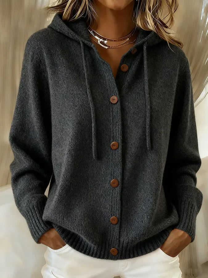 Marcelline orange hooded button-front cardigan, close-up front view