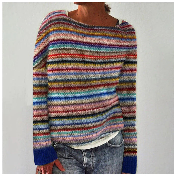 Maren striped crew neck long sleeve sweater with blue ribbed cuffs, front view