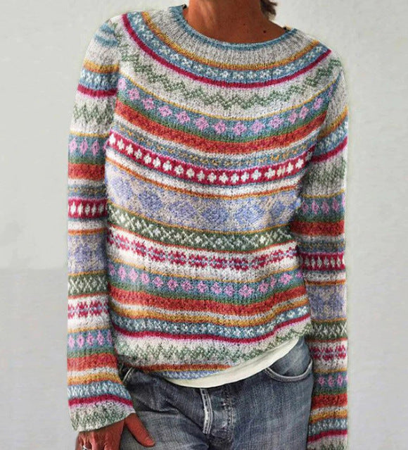 Maren fair isle striped knit sweater with round neckline, close-up front view