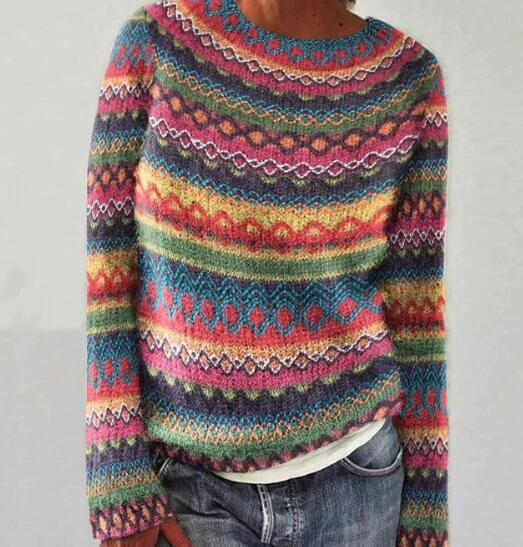 Maren multicolor striped pullover sweater with long sleeves, close-up front view
