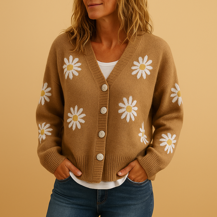 Margaux floral knit cardigan in tan with daisy print, front view