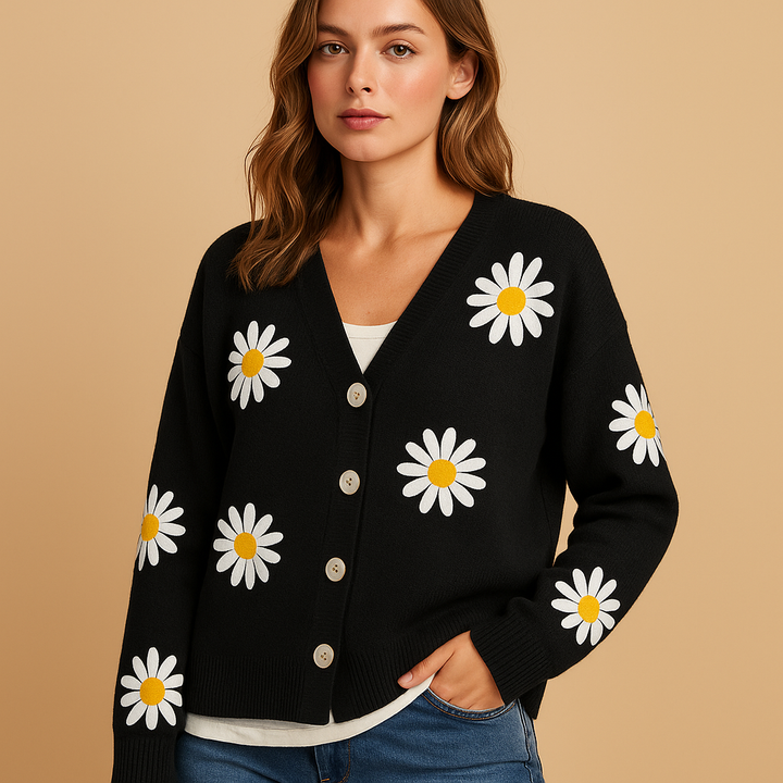 Margaux floral knit cardigan in black with daisy print, front view