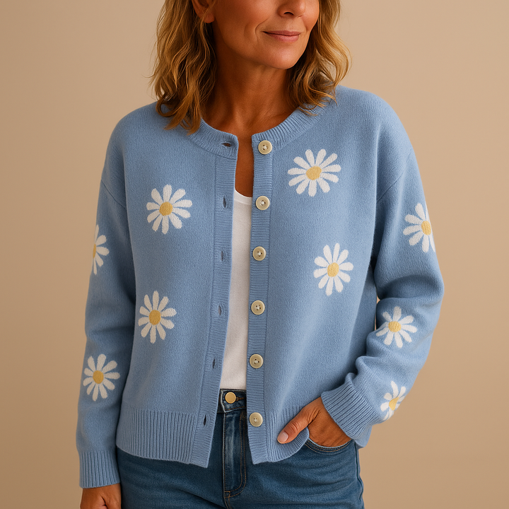 Margaux floral knit cardigan in blue with daisy print, front view