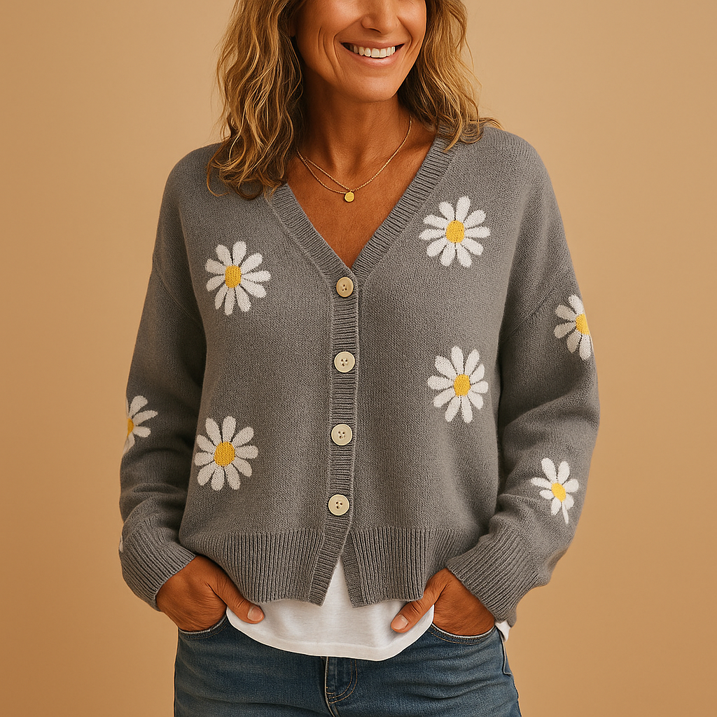 Margaux floral knit cardigan in gray with daisy print, front view