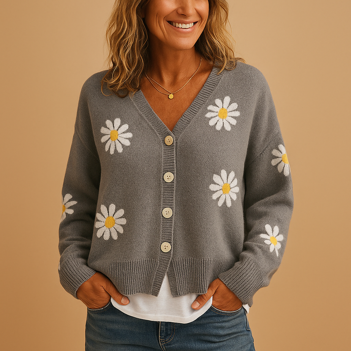 Margaux floral knit cardigan in gray with daisy print, front view