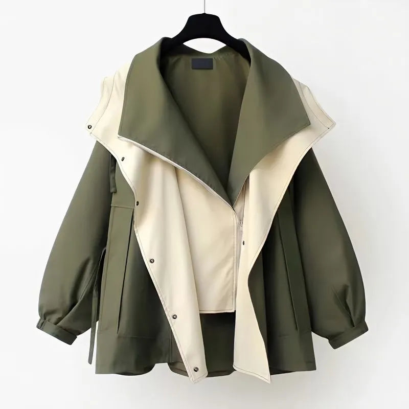Margaux reversible trench coat in olive green, front view on hanger