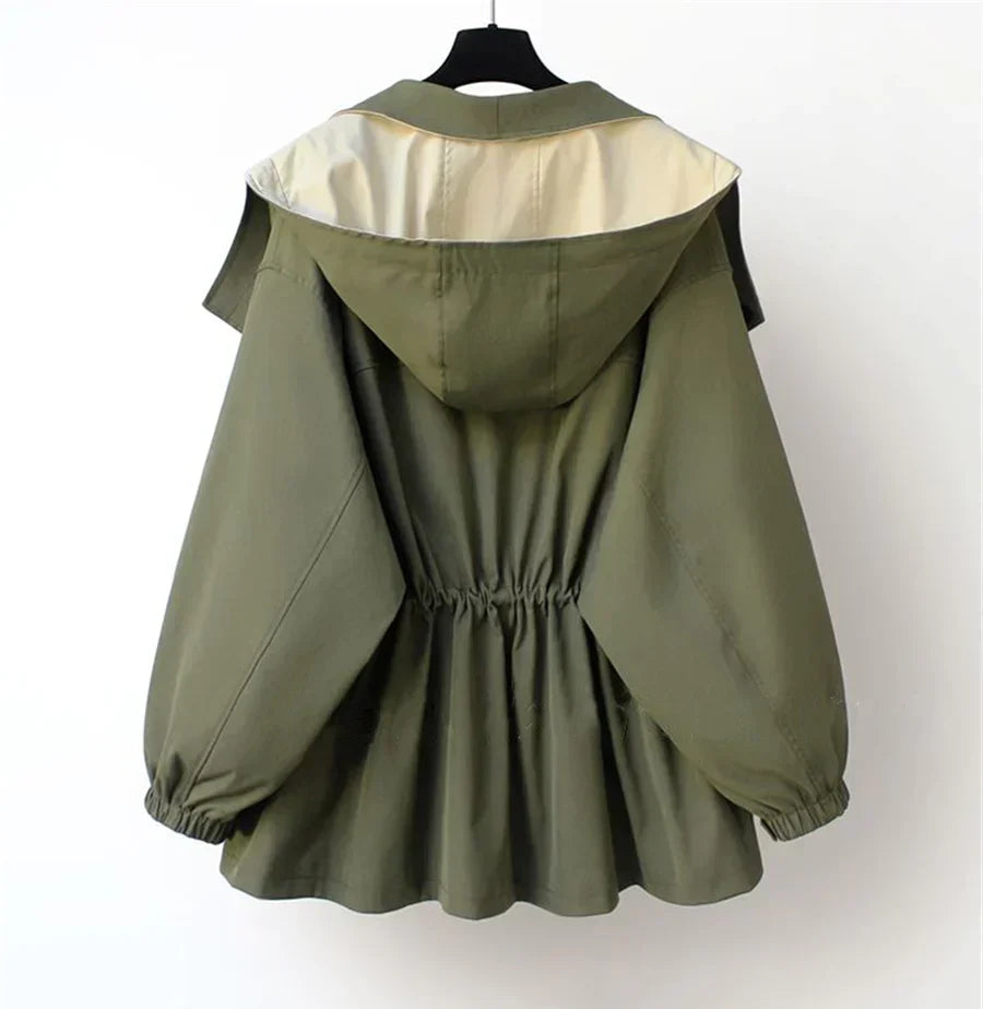 Margaux trench coat back view showing hooded collar and drawstring waist