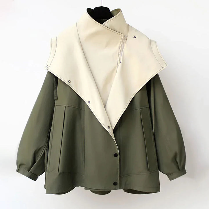 Margaux trench coat in olive with oversized cream shawl collar, front view