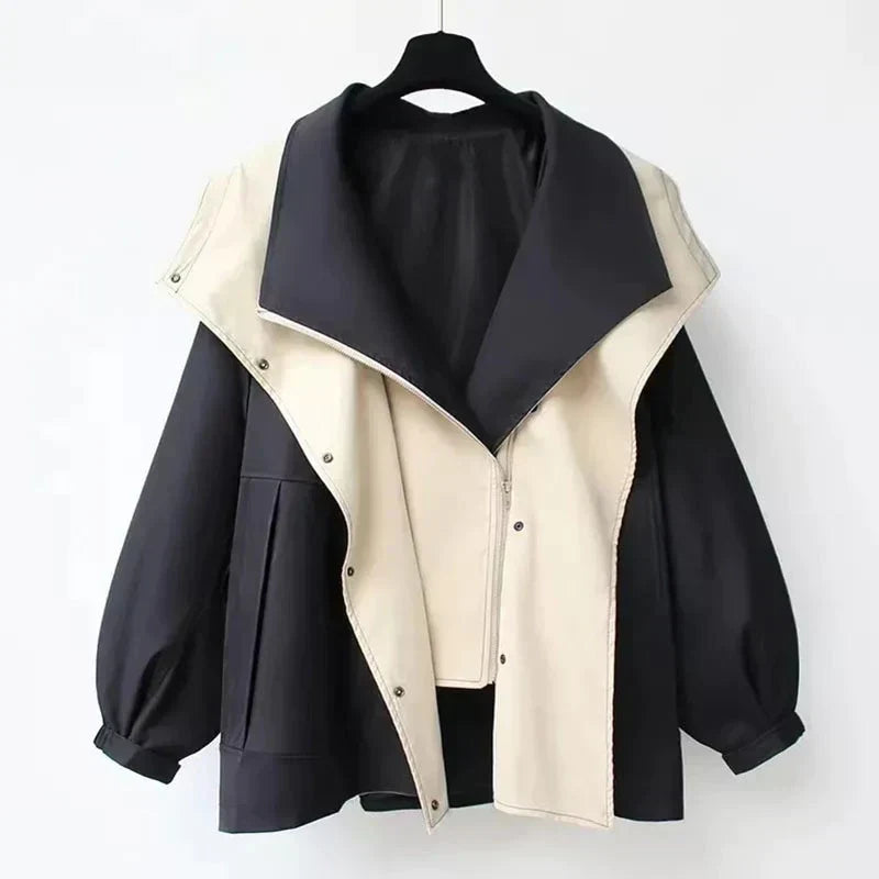Margaux trench coat in black with oversized cream collar, front view