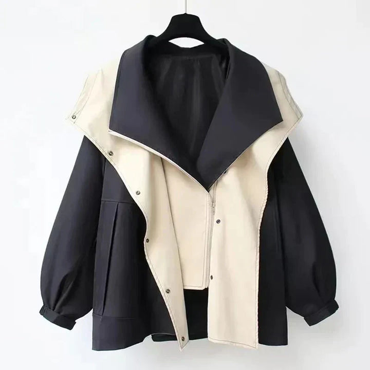 Margaux trench coat in black with oversized cream collar, front view