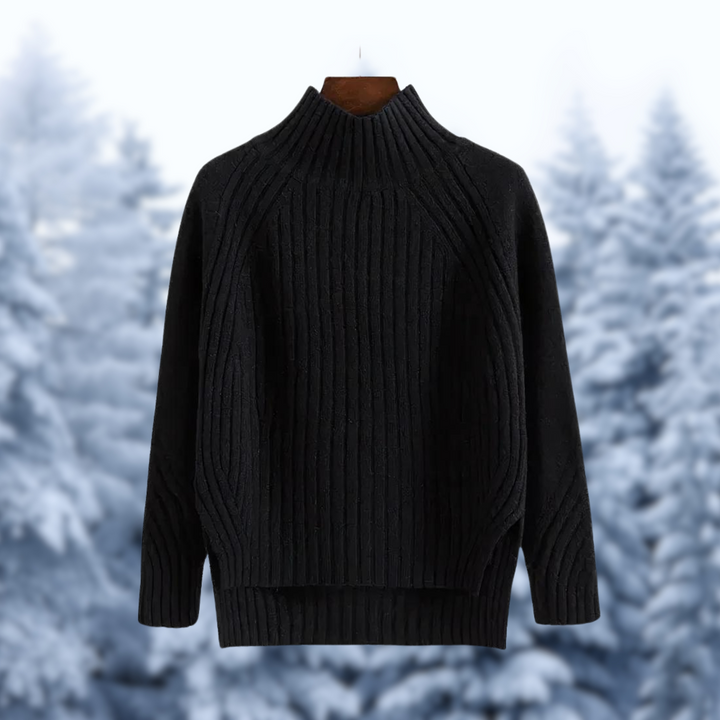 Margaux ribbed mock neck sweater in black, front view with raglan sleeves