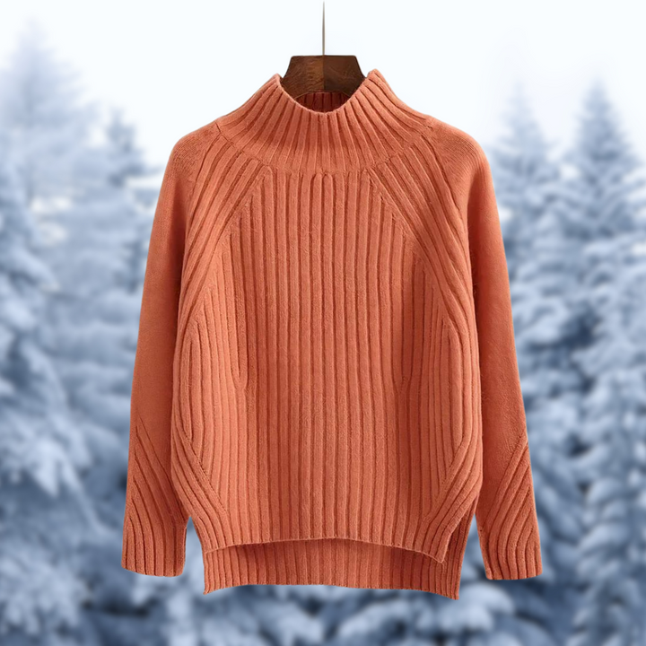 Margaux ribbed mock neck sweater in orange, front view with high-low hem