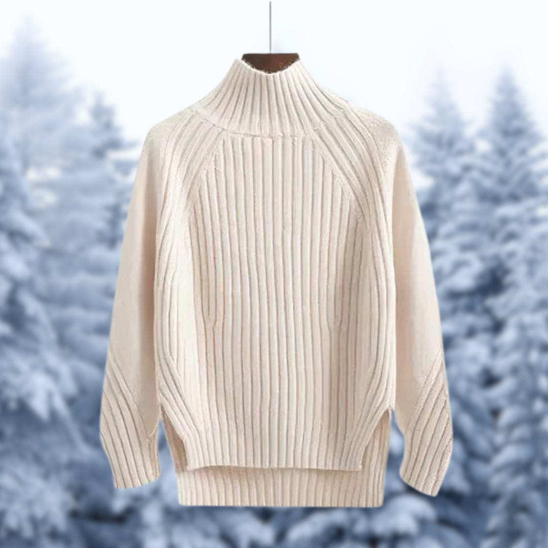 Margaux ribbed mock neck sweater in ivory, back view showing raglan seams